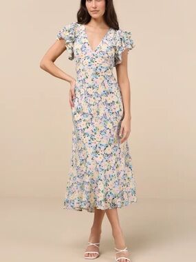 Lulu's Blush Pink Floral Ruffle-Sleeve Midi Dress